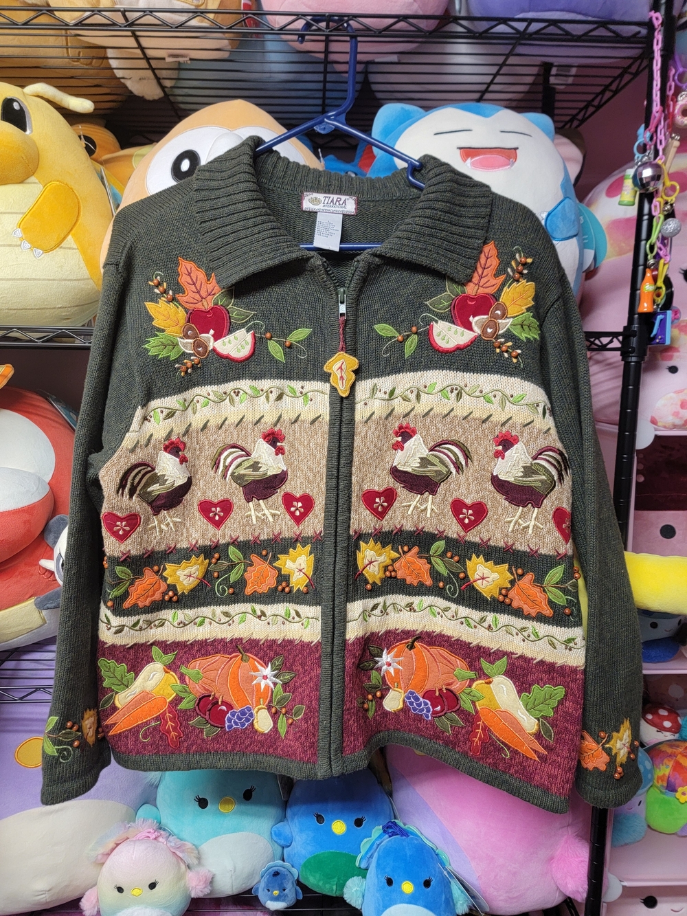 Tiara International Olive Green Embroidered Rooster Sweater Jacket
